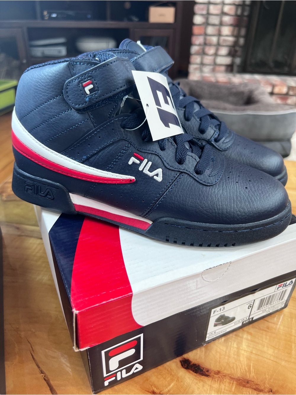 Fila F-13 Navy High-Top Sneakers with Red & White Trim Kids size 6